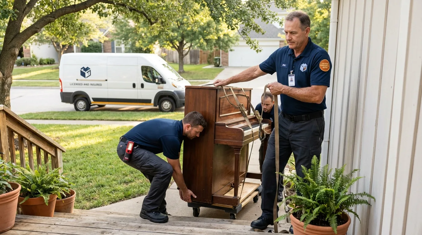 Licensed piano movers securing grand piano in Napavine, WA