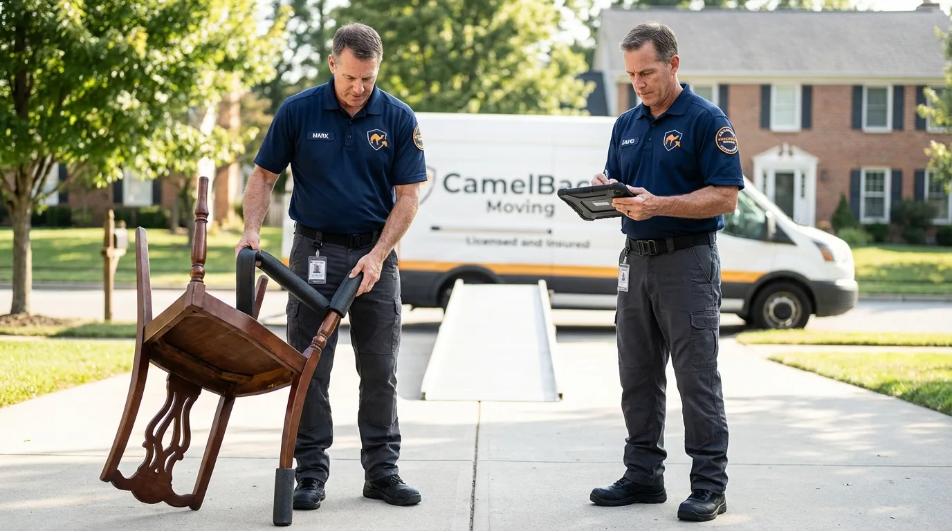 Movers inspecting furniture for damage prevention before loading in Napavine, WA