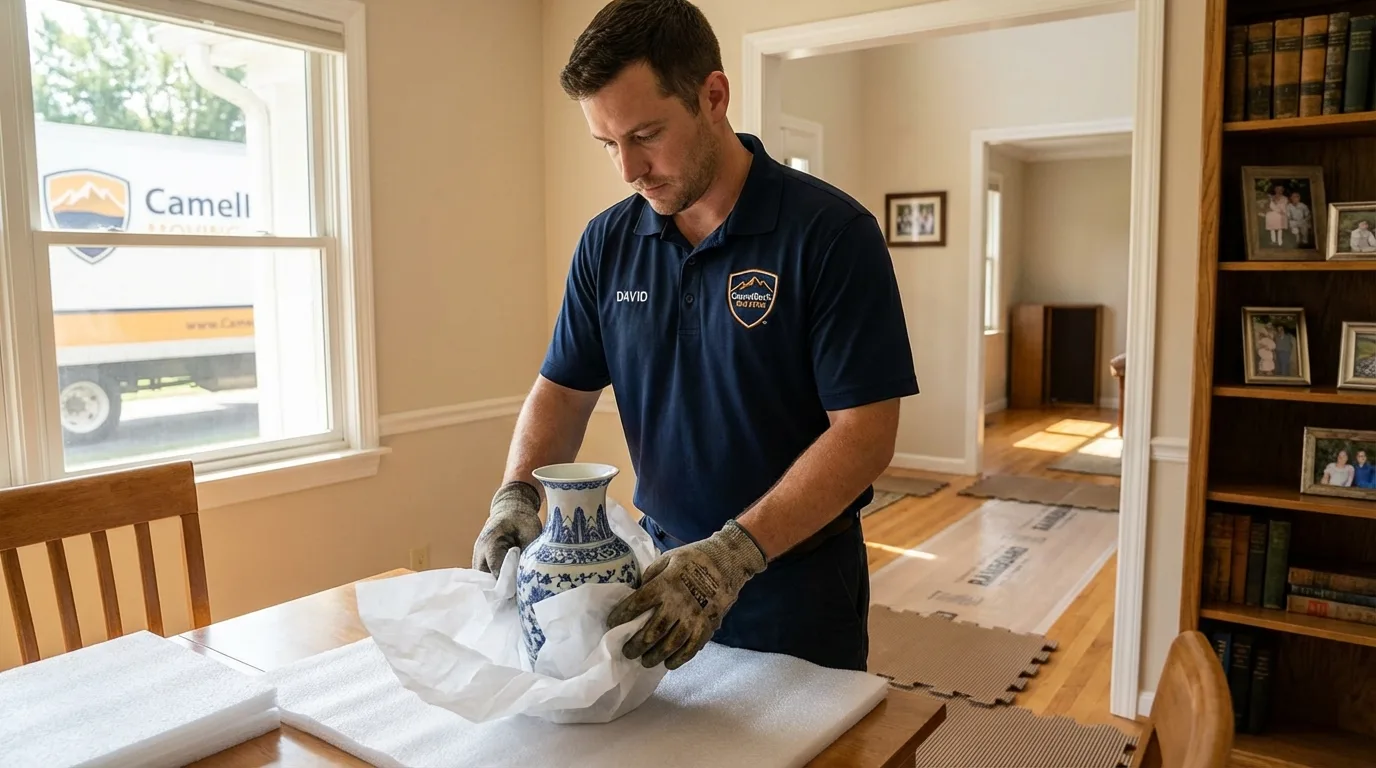 Professional crew carefully wrapping antique vase for senior downsizing move in Napavine, WA